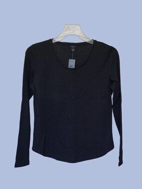 NWT Ann Taylor Pima Cotton Scoop Neck Long Sleeve Tee Top Black Petite Small SP